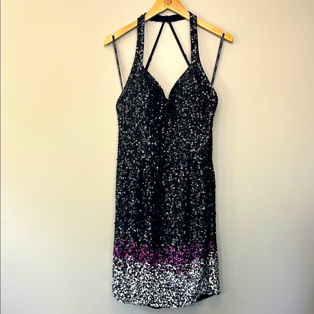 Vintage Scala Sequins Halter Mini Dress Size 14 Black Purple Silver Cocktail